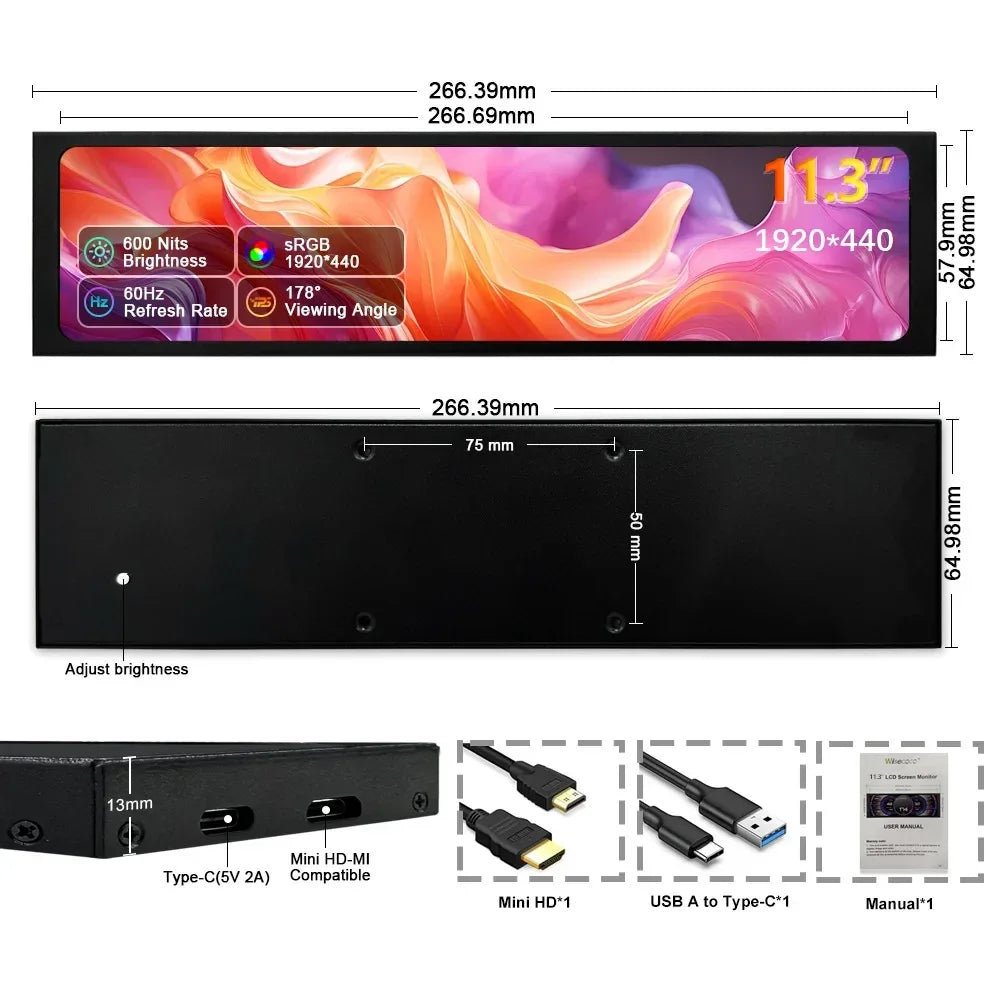 Wisecoco 11.3/8.8/7.84 inch HD IPS Secondary Screen Type-C for Laptop Computer Temperature DIY Aida64 CPU GPU Monitor