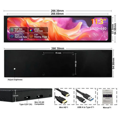 Wisecoco 11.3/8.8/7.84 inch HD IPS Secondary Screen Type-C for Laptop Computer Temperature DIY Aida64 CPU GPU Monitor
