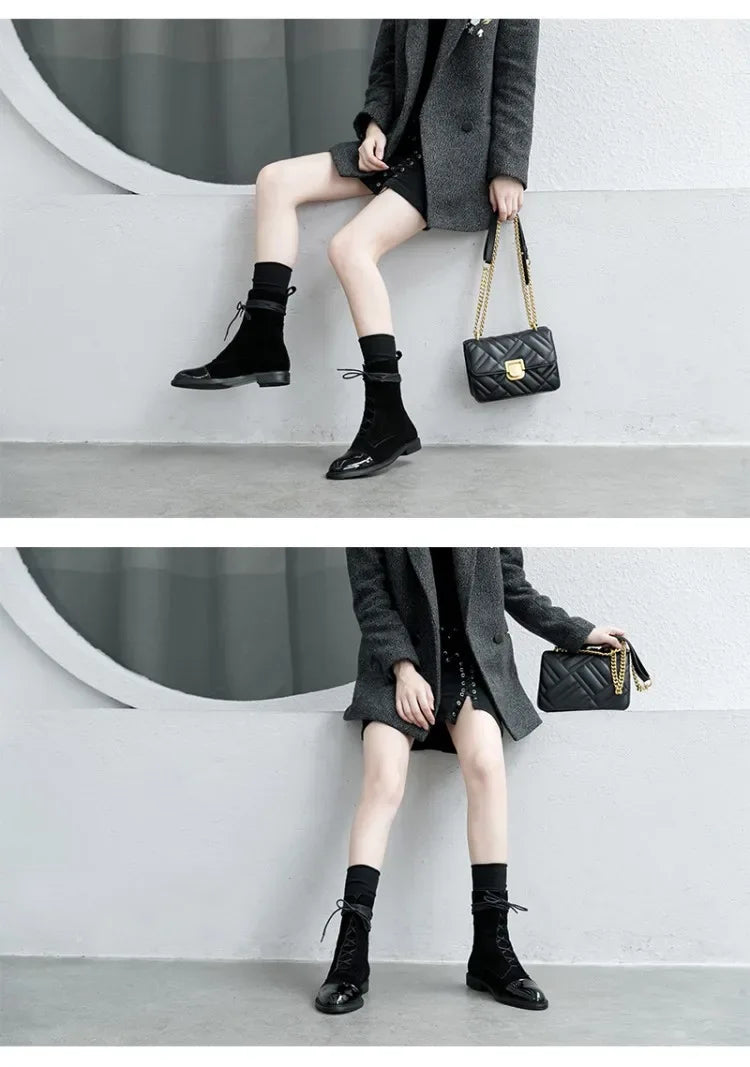 Boots Women's 2023 New Autumn Shoes Single Boots British Style Mid Barrel Slim Boots Children's Black Motorcycle Boots