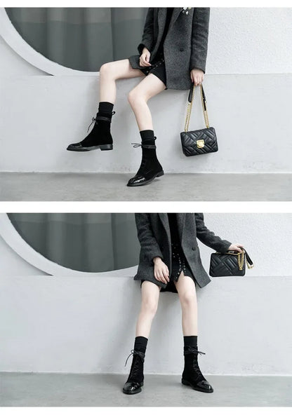 Boots Women's 2023 New Autumn Shoes Single Boots British Style Mid Barrel Slim Boots Children's Black Motorcycle Boots