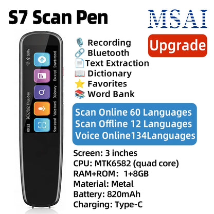 MSAI S7 S6 AI Translator Offline 60 Languages Scan Pen Scanning Voice 134 Languages Translation Dictionary Recorder for Travel
