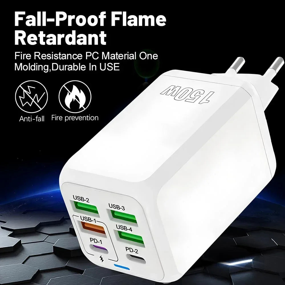 150W Multi Port USB Charger 6 Ports Fast Charge Phone Charger Wall Adapter For iPhone Samsung Xiaomi EU/US/UK Plug Quick Charger