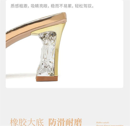 2023 Summer Square Head Open Toe Fashion Transparent Soft Flower Women's Slippers Crystal Heel New High Heel Sandals