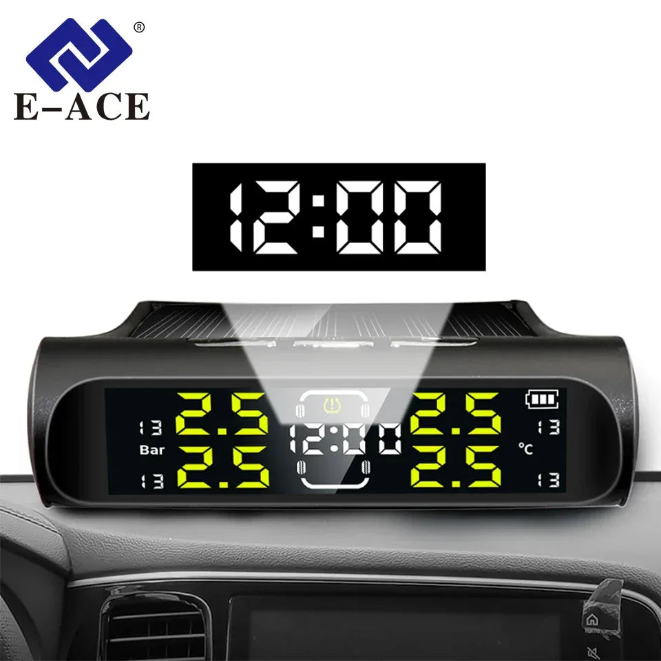 Wireless Solar Charging TPMS Real-time Monitoring with Electronic Clock Display 4 Sensors Tire Pressure Monitoring System