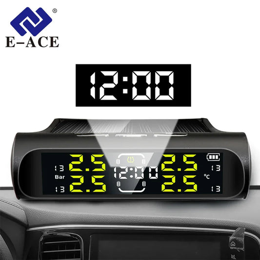 Wireless Solar Charging TPMS Real-time Monitoring with Electronic Clock Display 4 Sensors Tire Pressure Monitoring System