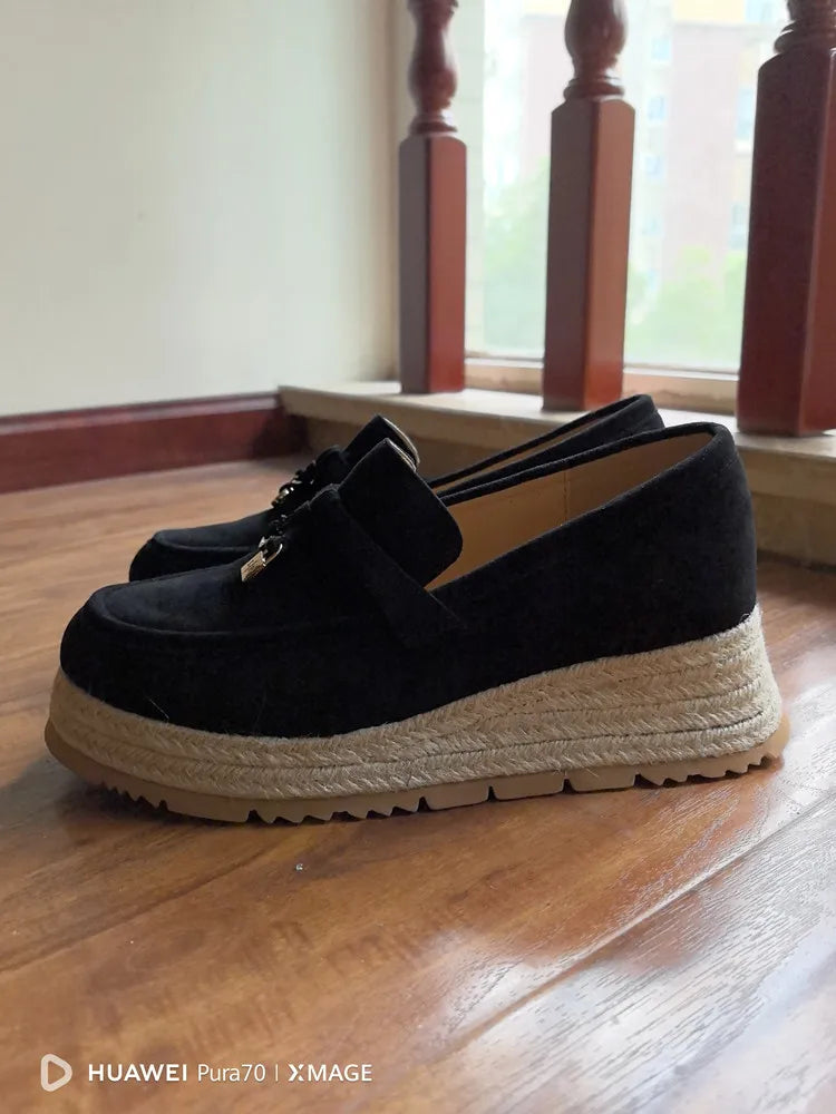 MKKHOU Fashion Loafers New High Quality Real Leather Suede Vintage Straw Braid Platform Shoes Daily Casual Light Shoes Neutral