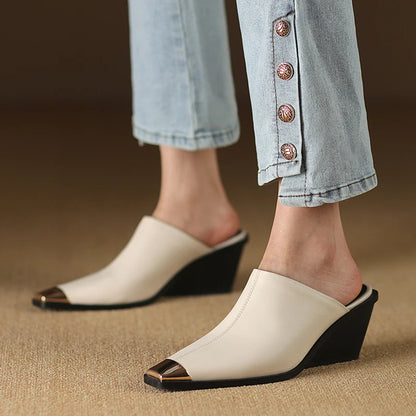 2025 New Ladies Genuine Leather Metal Head Mules Fashion Med Chunky Heels Summer Wedges Slippers Women Casual Office Shoes Woman