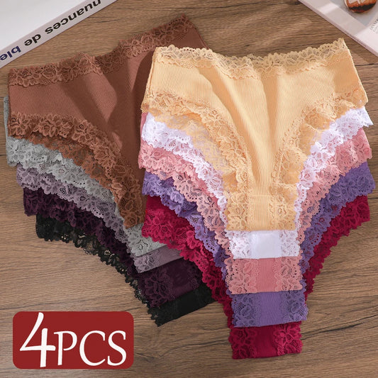 4Pcs/Set Seamless Cotton Brazilian Pants For Women Elastic High Waist Breathable Underpants Ladies Lace Panties Sexy Lingerie