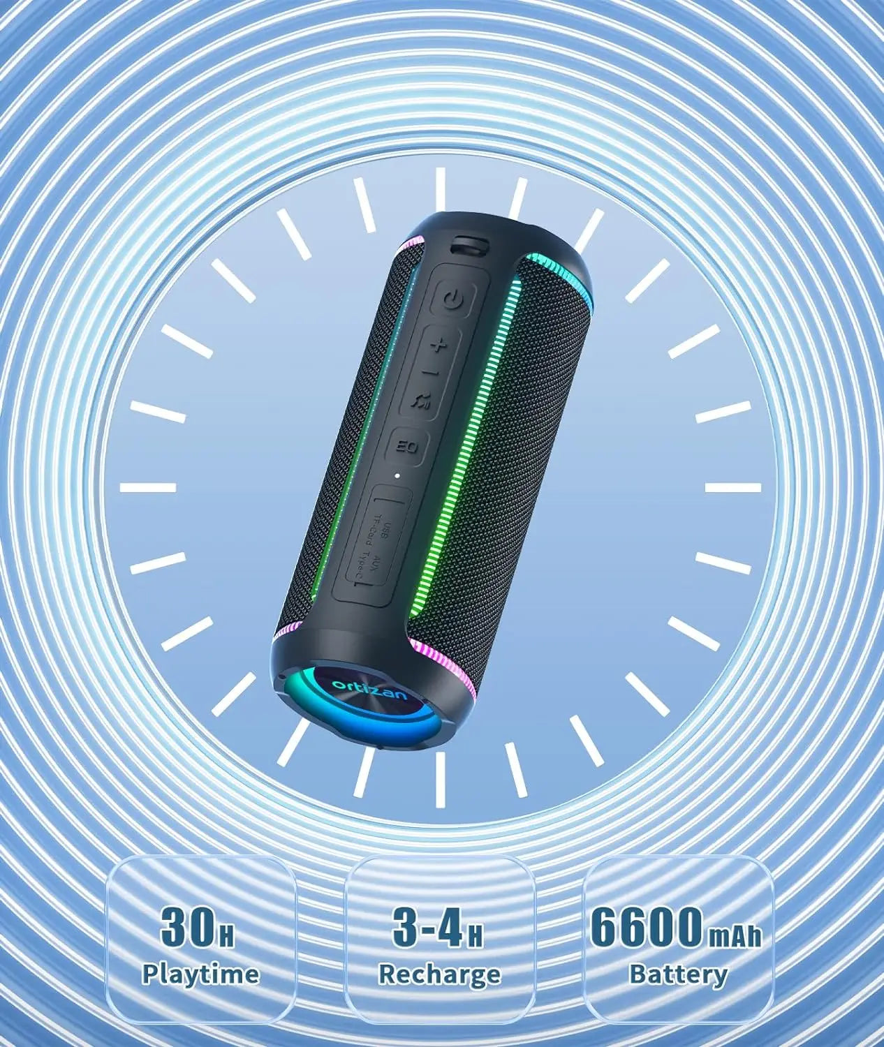 Ortizan Wireless Portable Bluetooth Speaker X30 with 40W Stereo Sound, Rich Bass, IPX7 Waterproof, 30H Playtime, TWS, LED Lights