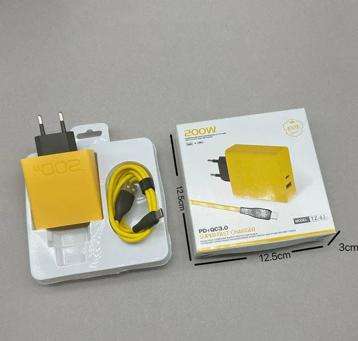 New 200W Ultra Fast Charger USB PD 2-In-1 Type C Fast GaN Phone Charger For Iphone Huawei Samsung Xiaomi Oppo  EU US Plug ﻿
