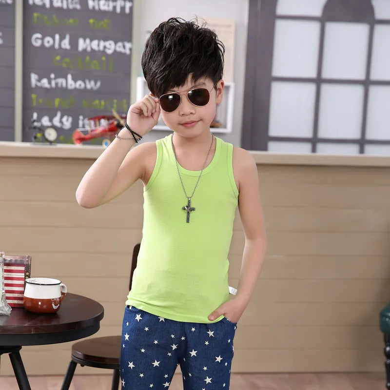 Boys Round Neck Sleeveless Stretch Undershirt Girls Seamless Cotton Wide Strap Racerback Tank Children Kids Vests 2T-14 Years