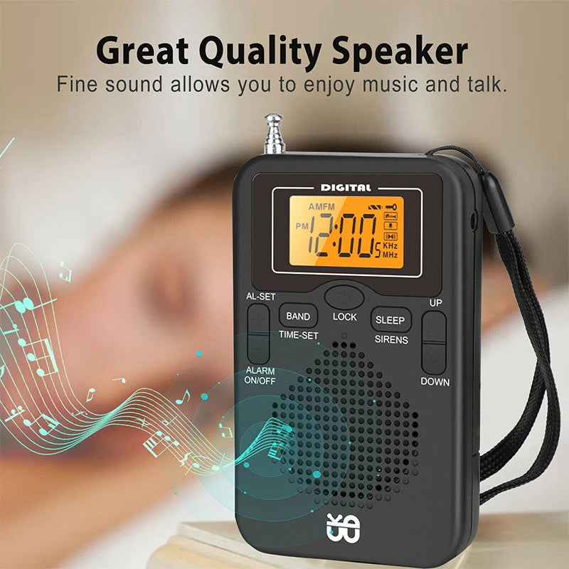 Portable Radio Mini AM FM Weather Radio Pocket Radio Player LCD Screen Digital Alarm Clock Radio Long Range Best Reception