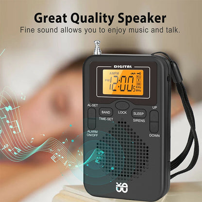 Portable Radio Mini AM FM Weather Radio Pocket Radio Player LCD Screen Digital Alarm Clock Radio Long Range Best Reception