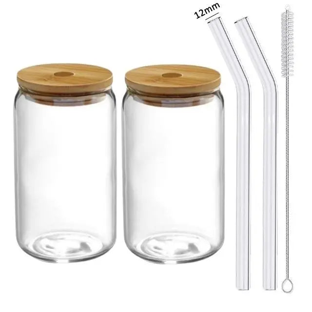 Glass Cup With Straw and Bamboo Lid Transparent Bubble Tea Cup Cold Drinking Glasses Iced Coffee Mug Beer Can Juice Milk Cup
