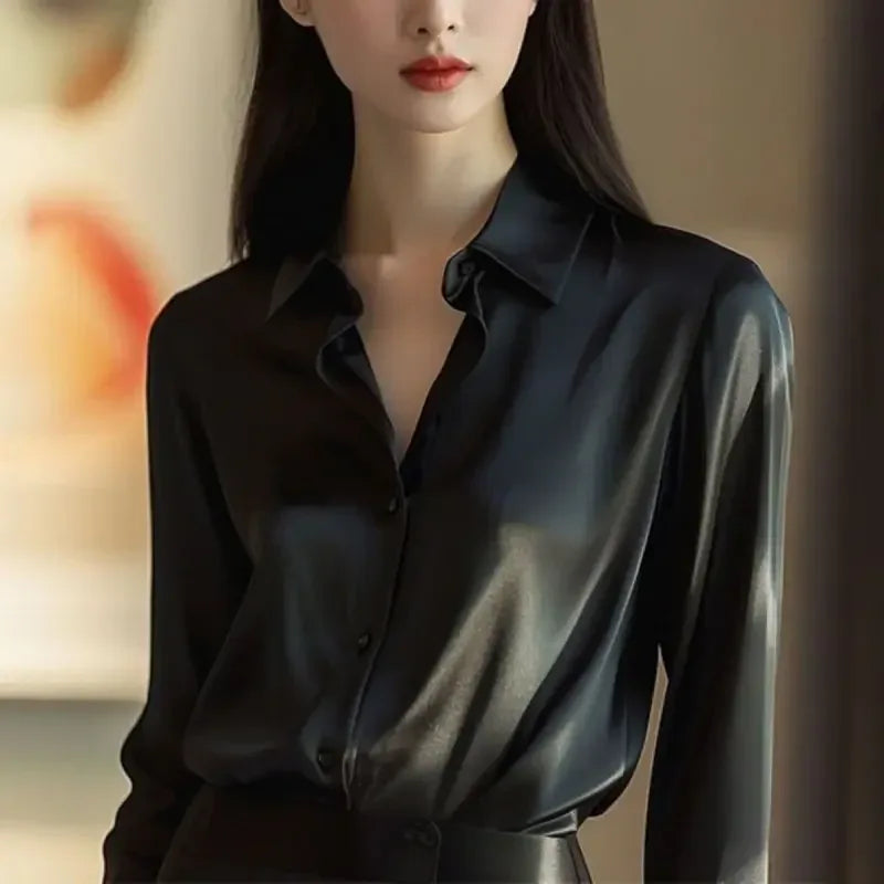 Spring Autumn Women's Solid Polo-Neck Blouses Button Up Elegant Loose Long Sleeve Clothes Office Ladies French Black Shirt Tops