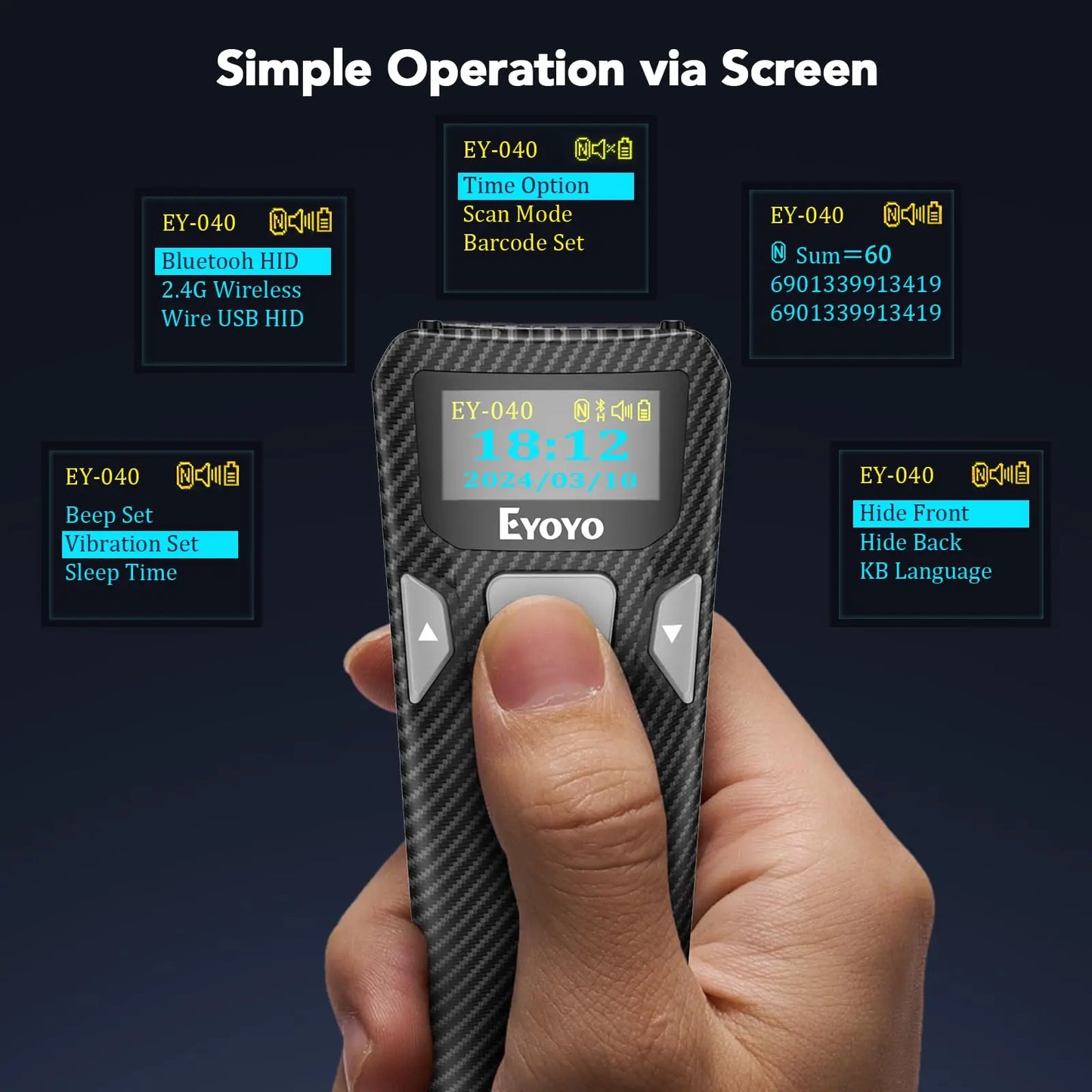 EYOYO Portable Bluetooth 1D Bar Code 2D QR Scanner with Digital Display Can Add Custom Prefix/Suffix Digits,Keyboard Keys