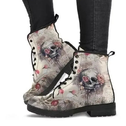 2022 Skull Flower Print High-Top Sneakers Women Boot Autumn Winter Fashion Woman Ankle Boots Adult Botas Mujer Plus Size 43