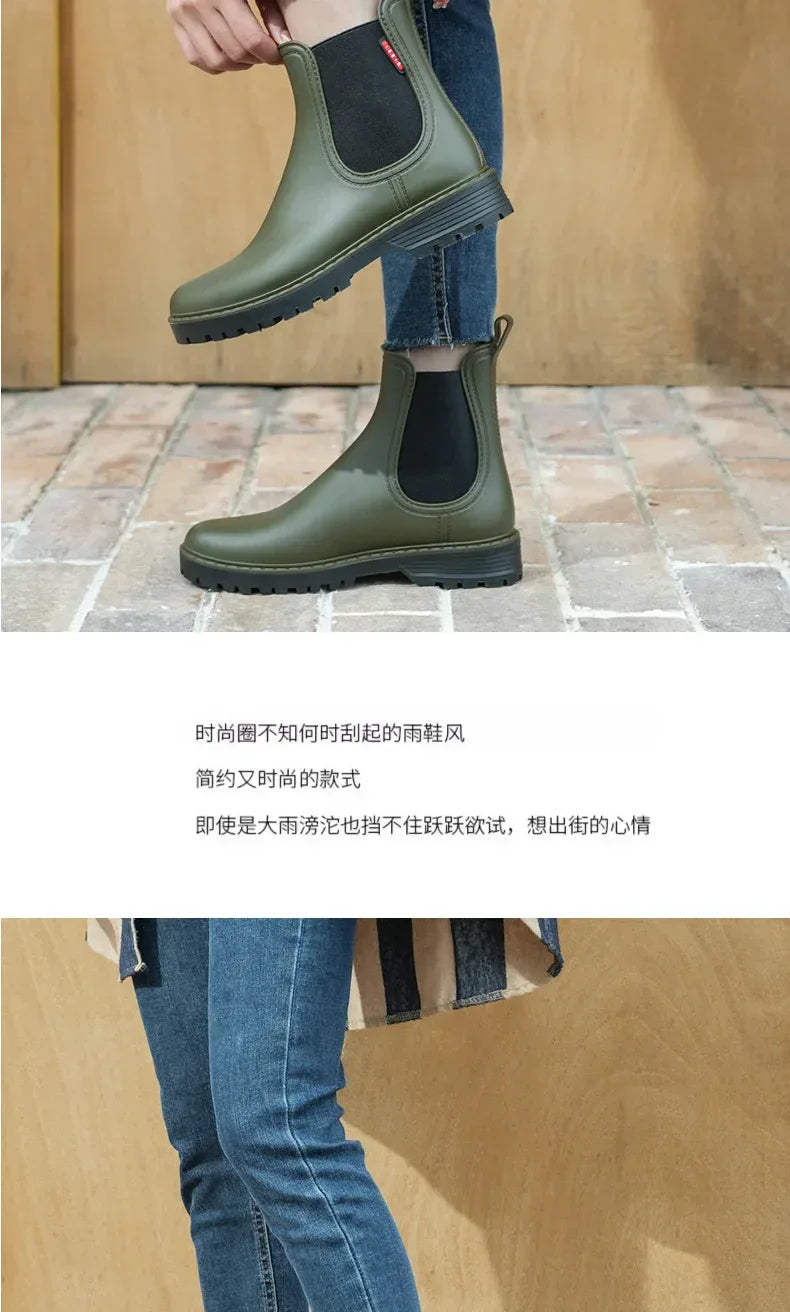 Women's short tube anti slip rain shoes, lightweight waterproof water shoes, fashionable Chelsea rain boots, PVC one-time moldin