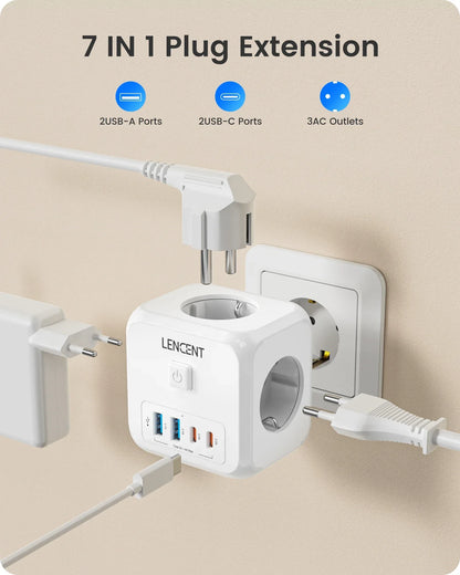 LENCENT Multi USB Wall Socket Cube with 3AC Outlets USB-A and Type C 7-in-1 Power Strip EU Plug Socket On/Off Switch for Home