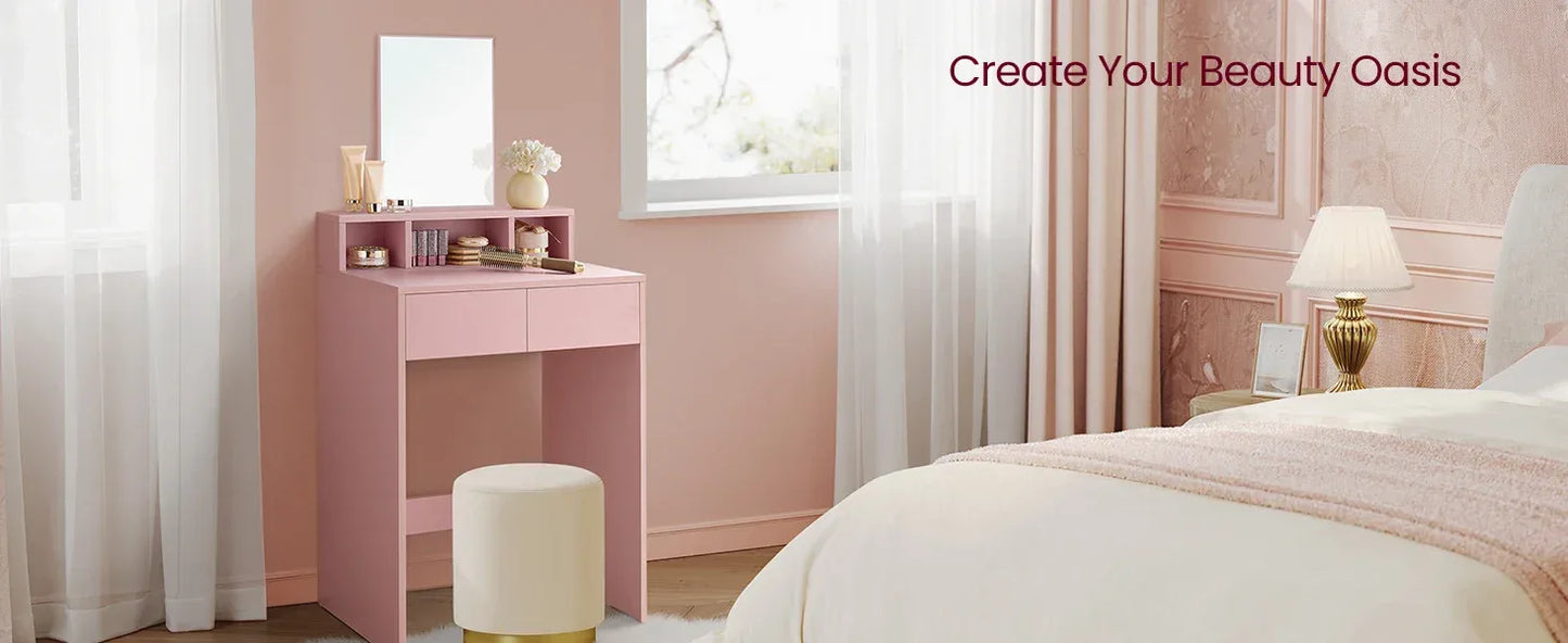 VASAGLE Dressing Table with Large Rectangular Mirror, Vanity Table with 2 Drawers and 3 Open Compartments, Vanity Table