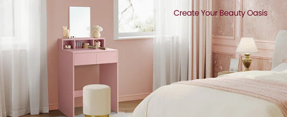 VASAGLE Dressing Table with Large Rectangular Mirror, Vanity Table with 2 Drawers and 3 Open Compartments, Vanity Table