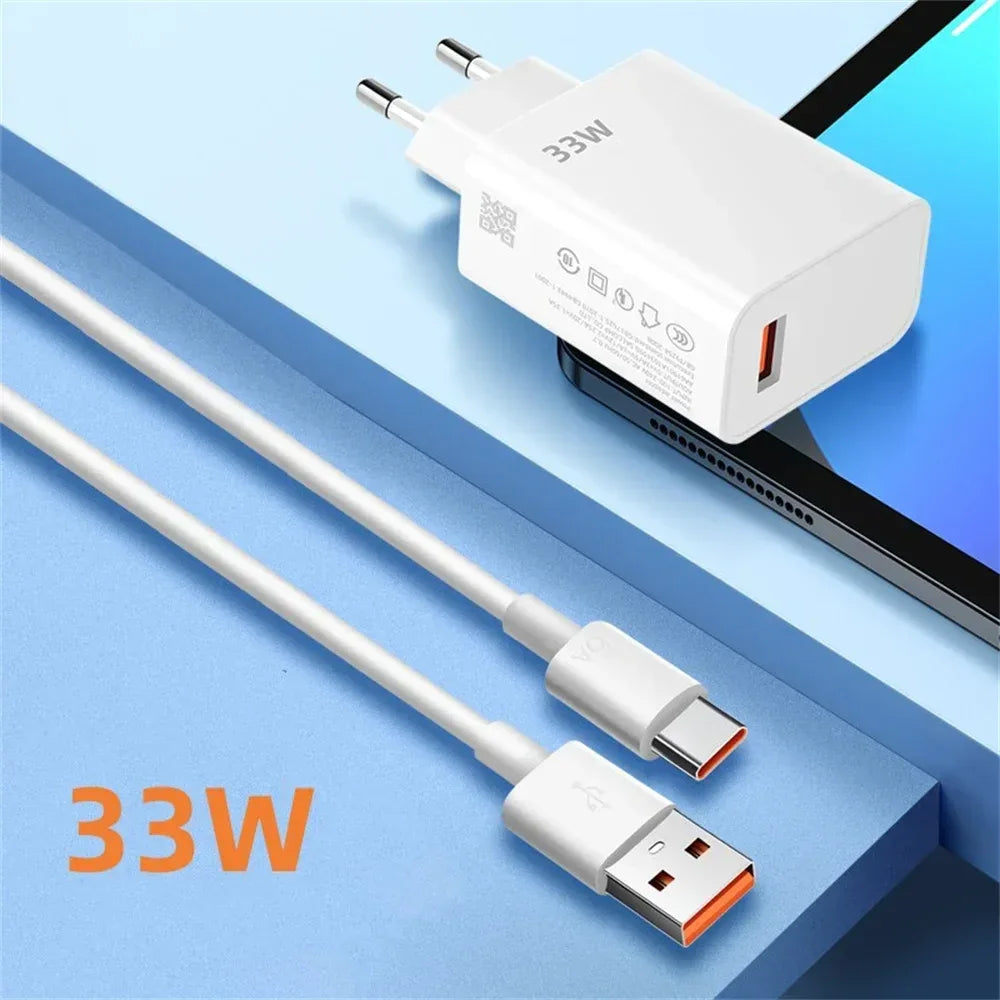 33W USB Fast Charging Charger with 6A Type C Cable Mobile Phone Adapter For iPhone 15 Xiaomi 14 Redmi 13 12 Samsung Wall Adapter