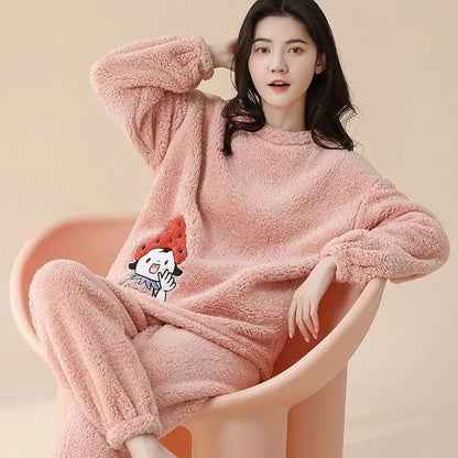 Women Pajamas Autumn Winter Flannel Warm Woman Sleepwear Korean cute Cartoon Pajama Set Fashion Pijama Mujer Home Cloth Pyjamas