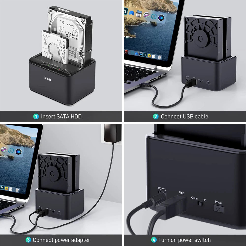 SSK Hard Drive Docking Station Dual Bay External HDD Dock for 2.5/3.5 Inch SATA HDD SSD with Offline Cloner/Duplicator Function