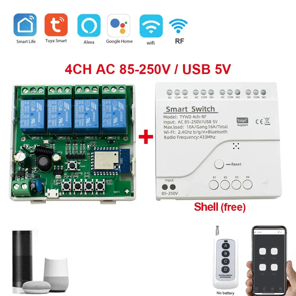 Tuya Smart Home 4CH Relay Module AC/DC 7-32V AC 220V 10A Wifi Switch 4 Channels RF433 Receiver Work With Vioce Alexa Google Home
