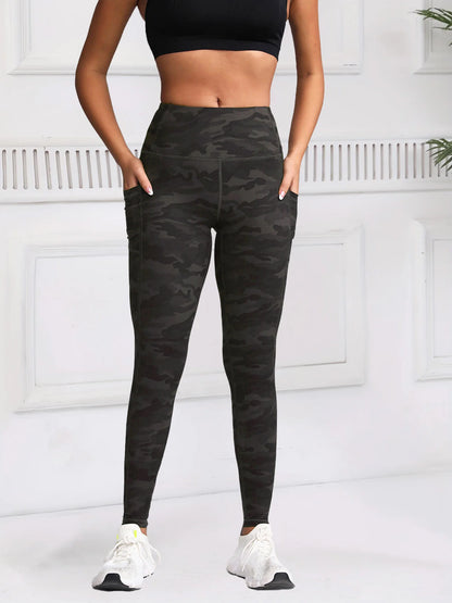 Women Camouflage Printing Leggings with Pockets High Waist Elastic Fitness Tights Outdoors Running Pants
