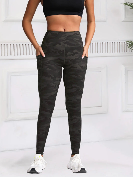 Women Camouflage Printing Leggings with Pockets High Waist Elastic Fitness Tights Outdoors Running Pants