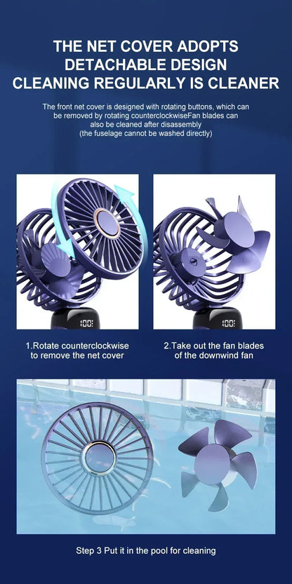 Portable Handheld Mini Fan 3000mAh Foldable Neck Hanging Fans 5 Speed Adjust USB Charge Fan with Phone Stand and Display Screen