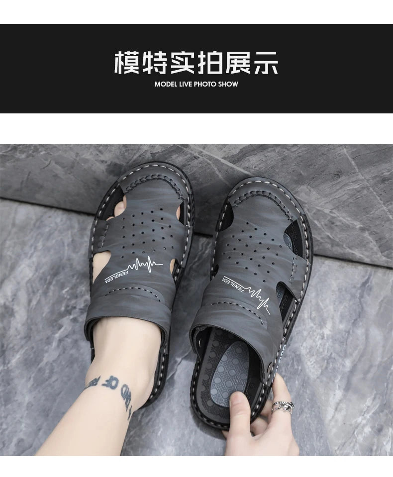 Men's Baotou Sandals Summer new Outdoor Cool Breathable Anti slip Waterproof Beach Shoes Soft Sole Fashion Dual purpose Slippers