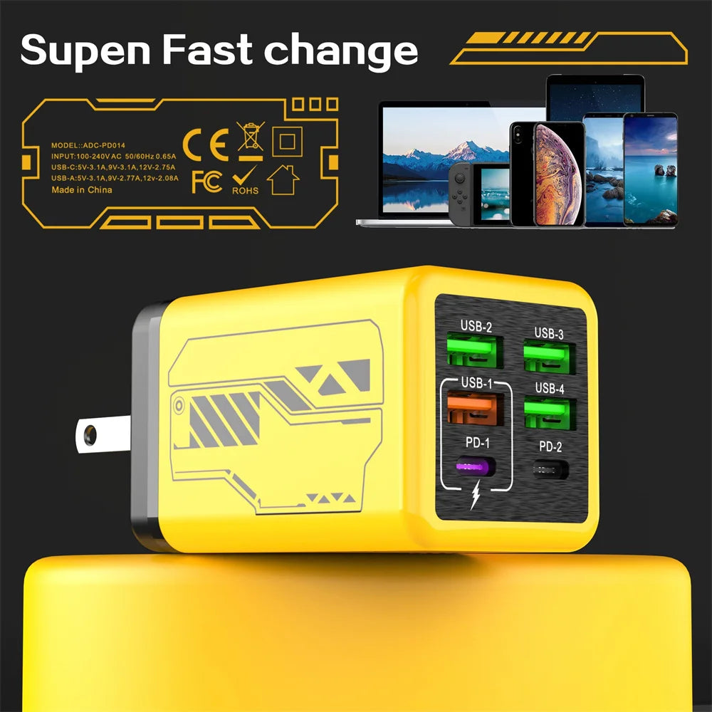 240W 6 in 1 USB C Charger Fast Charging PD3.0 QC3.0 Mobile Phone Travel Wall Adapter for iPhone17 Samsung Xiaomi Huawei EU UK US