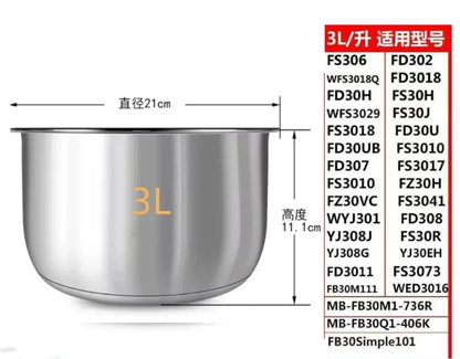 Suitable for Midea rice cooker 304 stainless steel inner pot 3L4L5L thickened FS3010/70 inner pot