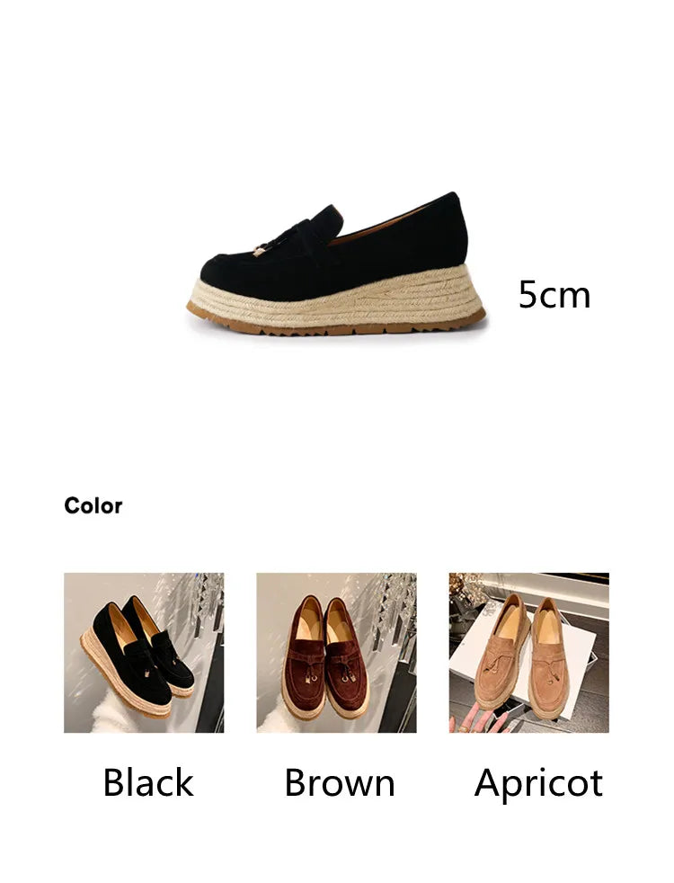 MKKHOU Fashion Loafers New High Quality Real Leather Suede Vintage Straw Braid Platform Shoes Daily Casual Light Shoes Neutral
