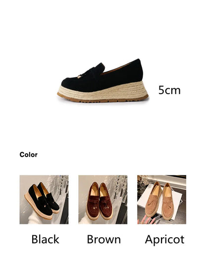 MKKHOU Fashion Loafers New High Quality Real Leather Suede Vintage Straw Braid Platform Shoes Daily Casual Light Shoes Neutral