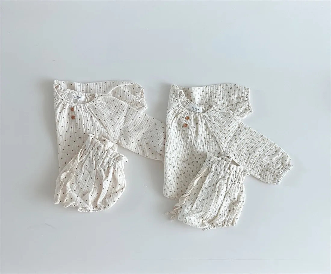 2024 Spring Newborn Floral Print Cotton Long Sleeve Tops+Shorts 2pcs Boy Girl Baby Loose Dots T-shirt Set Thin Infant Tees Suit