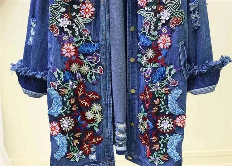 Spring Autumn Loose Vintage Flower Embroidered Denim Jacket Women Single-breasted Casual Raw Fringe Hole Jeans Jackets Female