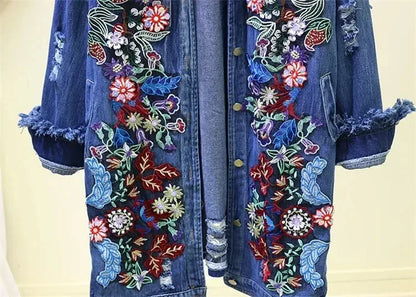 Spring Autumn Loose Vintage Flower Embroidered Denim Jacket Women Single-breasted Casual Raw Fringe Hole Jeans Jackets Female
