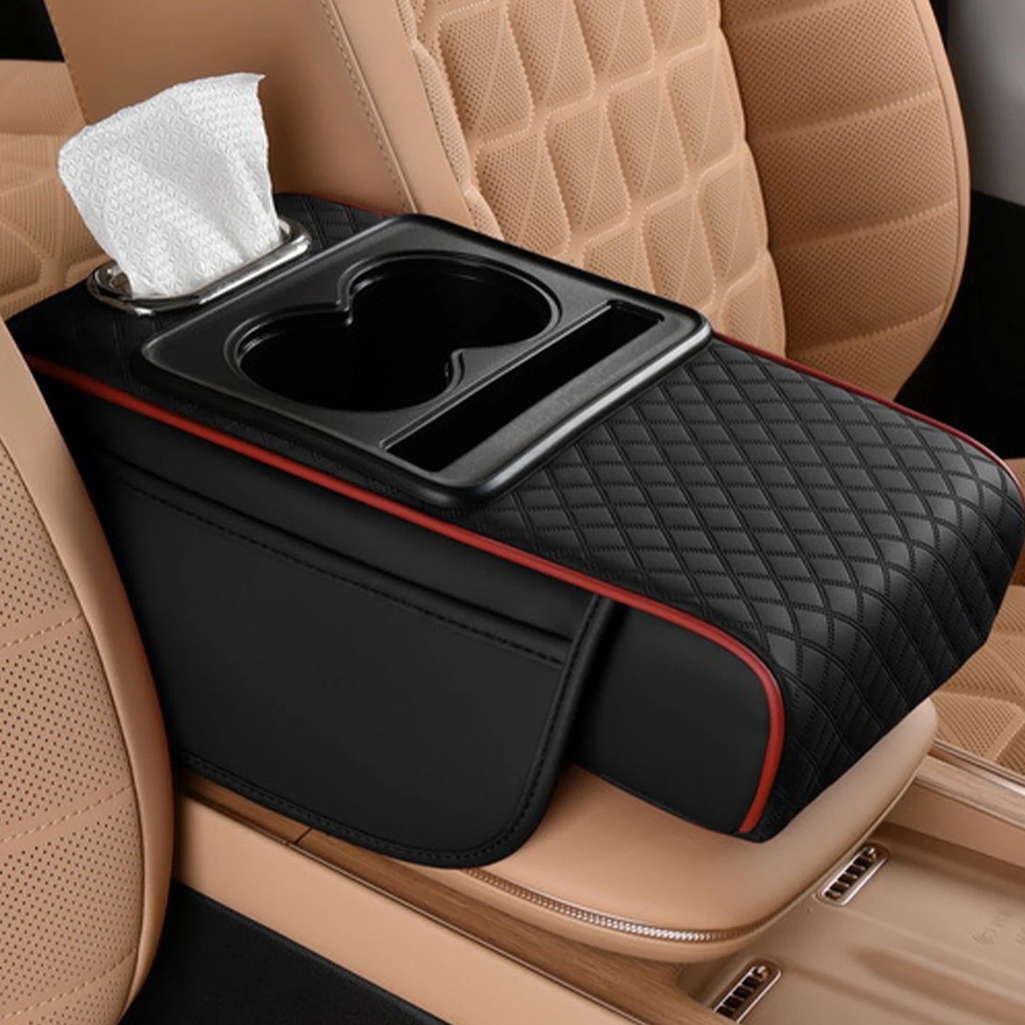 Car Armrest Box Heightening Cushion With Cup Holder Tissue Box Side Storage Pocket For Auto Interior Arm Rest Cover Height Pad
