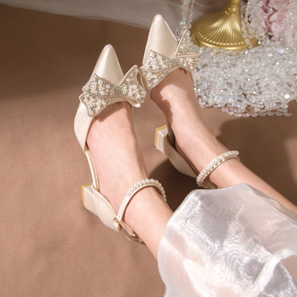 Maogu 2023 Pearl Bowtie Ankle Strap High Heels Shoes Woman Beige Red Bling Crystal Wedding Shoes Elegant Med Heels Women's Pumps