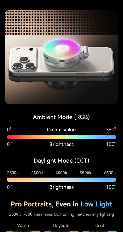 TELESIN Magnetic 360° Rotation RGB Fill Light Mini Selfie Light 3 Mode Adjustable Color Brightness for Smartphone Iphone Android