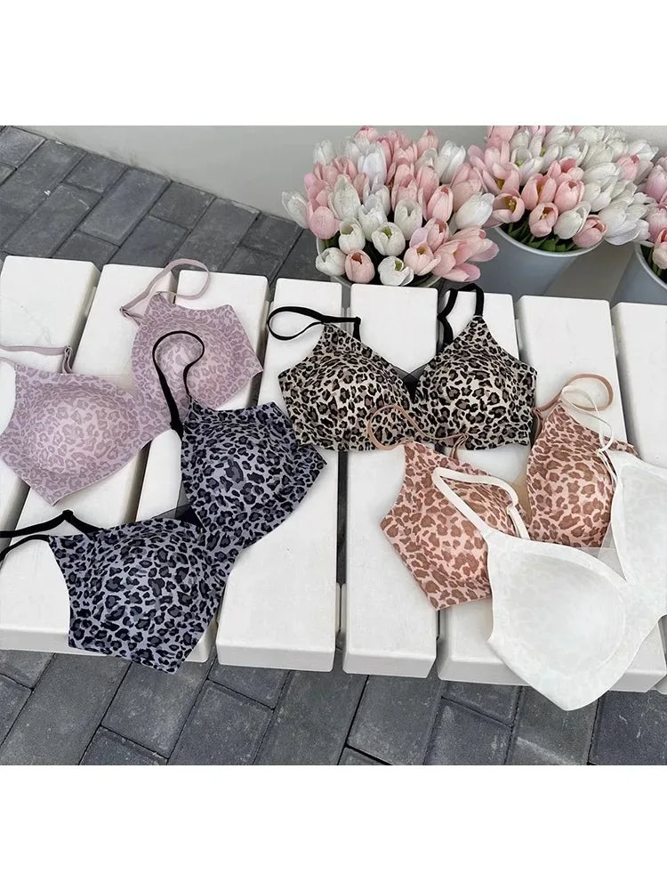 YUQI Leopard Print Bra - Ultra Thin No Underwire, Anti-Sag Bralette, Big/Small Chest Lightweight Gather, Breathable Smooth