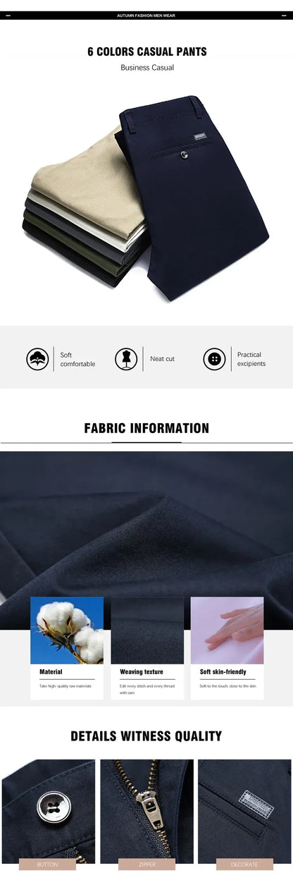 Autumn Classic Style Men's Beige Business Straight Casual Pants Stretch Cotton High Waist Solid Brand Trousers Khaki Green Black