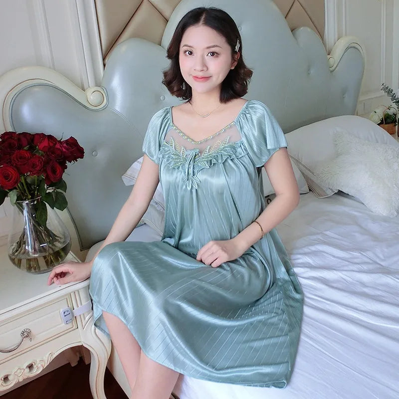 Women's Nightdress Loungewear Ladies Ice Silk Nightgowns Sleeping Dress Medium Length Short Sleeve Home Wear Pyjama Sleepwear