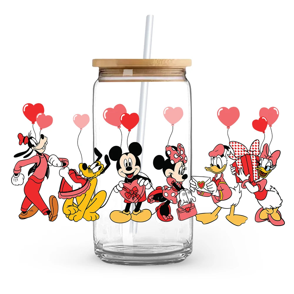 Valentine's Day cartoon Mickey Minnie Stitch Love 16oz Glass Cup UV DTF Transfer Film High-Quality Wraps Transfer Decals