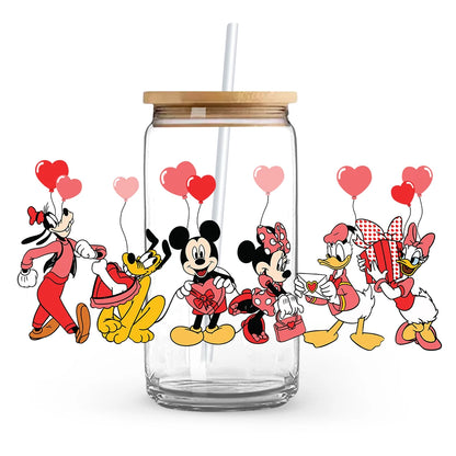 Valentine's Day cartoon Mickey Minnie Stitch Love 16oz Glass Cup UV DTF Transfer Film High-Quality Wraps Transfer Decals
