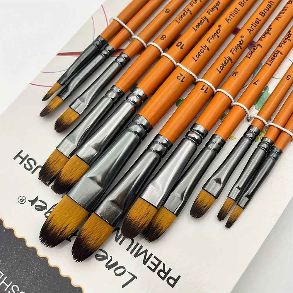 12pcs Premium Angular Paint Brushes - High-Quality Nylon Hair Angled Watercolor Brushes for Acrylics, Watercolors, Gouache