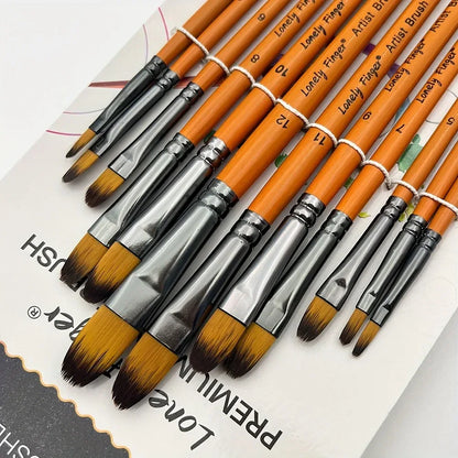 12pcs Premium Angular Paint Brushes - High-Quality Nylon Hair Angled Watercolor Brushes for Acrylics, Watercolors, Gouache